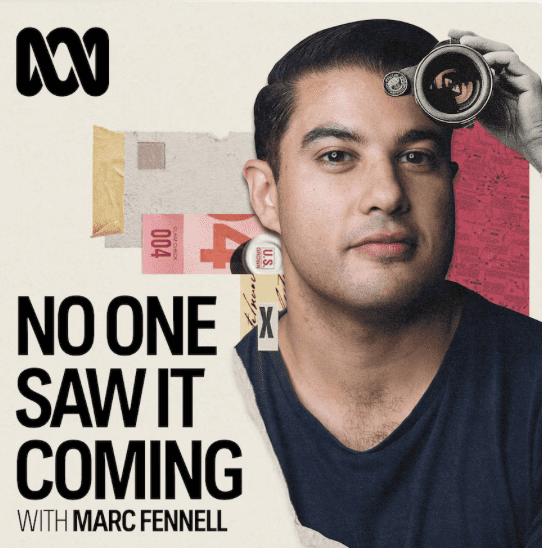 logo of radio and podcast show, NOone saw it coming. Host, Mark Fennell