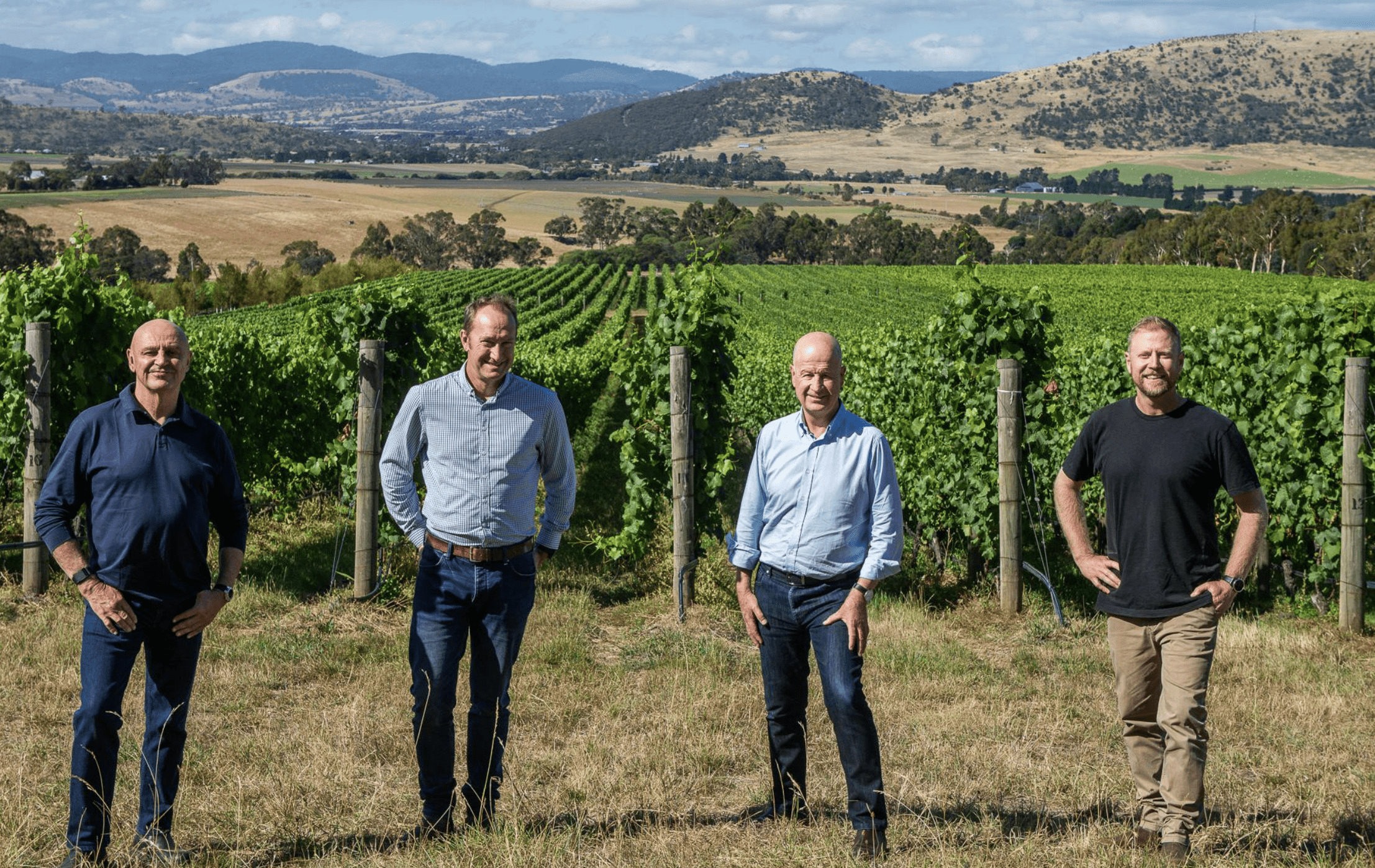Michael Hill Smith, David Lemire, Martin Shaw and Adam Wadewitz stand in front of Tolpuddle vineyard, Richmond, Tasmania